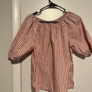 LOFT Red and White Striped Puffed Sleeve Top